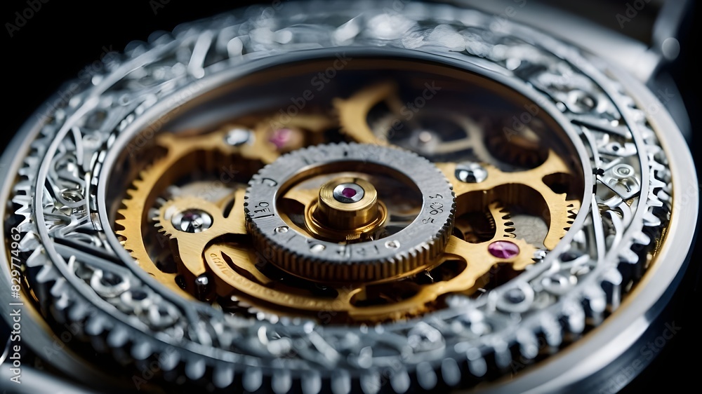 Take a macro shot of the inner workings of a watch focused: Zooming in on the intricate mechanics within a watch, Revealing the precise gears and mechanisms of a watch in macro detail, Capturing 