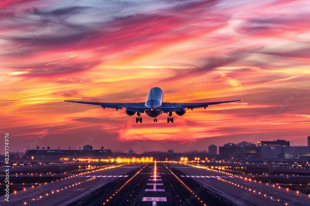 An airplane taking off against a colorful sunset sky, with the runway and terminal in the background Closeup shot emphasizing the airplanes underside and the motion of the takeoff An airplane taking off against a colorful sunset sky, with the runway and terminal in the background Closeup shot emphasizing the airplanes underside and the motion of the takeoff