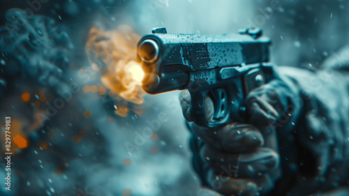 An extreme close-up of a police gloved hand holding a smoking gun. photo