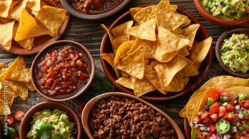 A Tex-Mex feast with tacos, nachos, guacamole, and salsa, perfect for sharing with friends at a casual gathering.