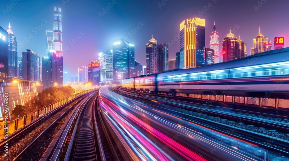 A time-lapse of a high-speed train streaking past colorful city lights at night, representing the speed and efficiency of modern rail travel.
