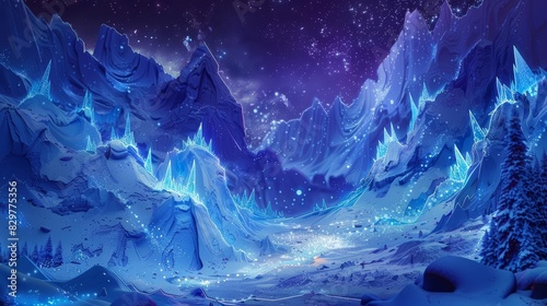 An illustration of a fantasy tundra, where bioluminescent ice crystals and towering snow formations create an ethereal vista, rendered in paper art styles