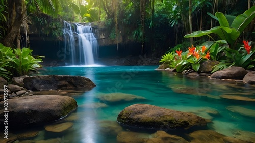 A Stunning Waterfall in a Tropical Setting with Lush Greenery - Capturing Nature s Beauty  Magnificent Tropical Waterfall Amidst Lush Foliage  Discover the Beauty of a Tropical Waterfall in a Lush