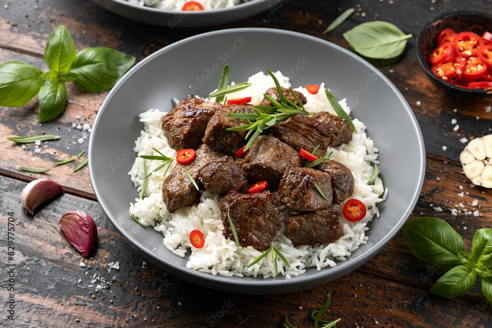 Garlic butter beef steak bites with rice Garlic butter beef steak bites with rice
