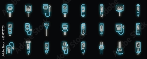 Ph meter icons set outline vector. Chemical acid. Biology meter neon color on black