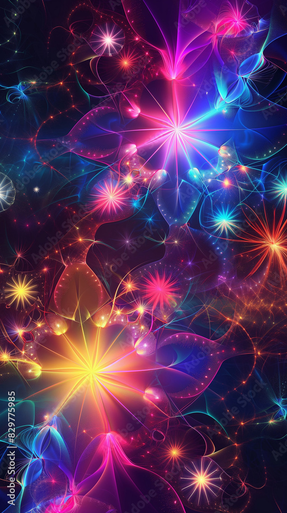 Vertical background featuring neon fractal patterns with space elements background Vertical background featuring neon fractal patterns with space elements background