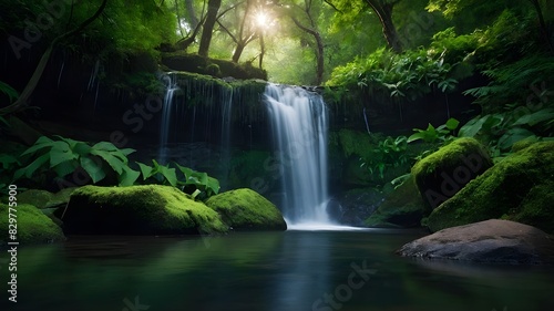 A Stunning Waterfall in a Tropical Setting with Lush Greenery - Capturing Nature s Beauty  Magnificent Tropical Waterfall Amidst Lush Foliage  Discover the Beauty of a Tropical Waterfall in a Lush 