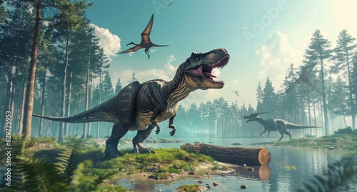 Prehistoric dinosaurs roaming in majestic forest with water and birds flying in front, adventure and nature concept