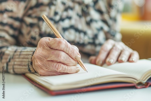 Close-up of senior woman's hand writing in a journal