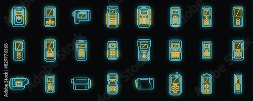 Laser meter icons set outline vector. Level distance. Meter digital neon color on black