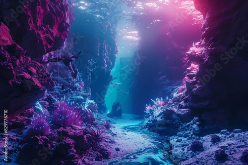 Creative amazing view of an underwater trench, featuring bioluminescent creatures and mysterious shipwrecks, in a synth wave palette, sharpen landscape photo
