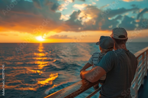 Padres con niños pequeños en un crucero, mirando hacia el atardecer. Un niño pequeño lleva una gorra.