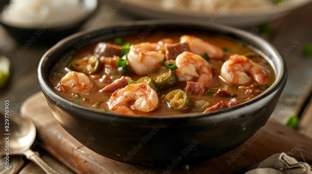 A steaming bowl of shrimp gumbo, filled with tender shrimp, sausage, and okra, showcases the bold and spicy flavors of Creole cuisine, bringing warmth and comfort to the table.