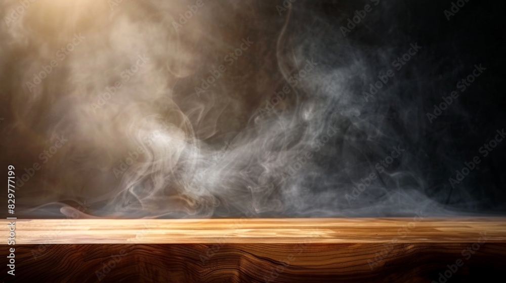 Wood table with smoke on the background. Wooden empty surface in the kitchen for product presentation. Mockup for design.