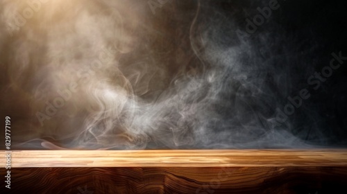 Wood table with smoke on the background. Wooden empty surface in the kitchen for product presentation. Mockup for design.
