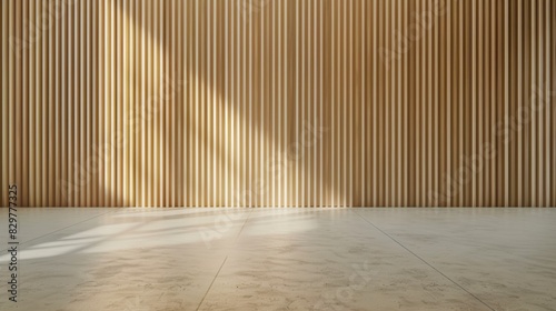 Wall made of wood. Wooden texture of wall panels in the interior. Design with vertical slats in an empty studio room. 3D modern decor in architecture.