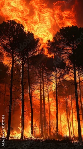 Intense forest fire blazing through tall trees, engulfing the sky in flames and smoke, representing the power and danger of wildfires.