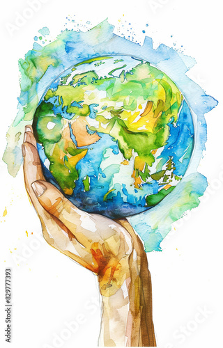 hand holding globe watercolor illustration 