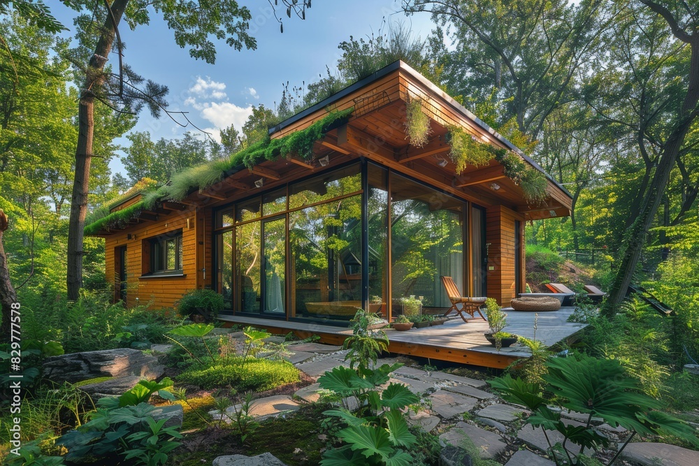 Modern eco-friendly tiny house with large windows in a lush green forest, designed with sustainable architecture and natural materials. Modern eco-friendly tiny house with large windows in a lush green forest, designed with sustainable architecture and natural materials.