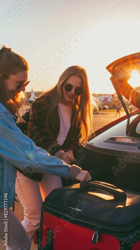 Amigas disfrutando de un coche de alquiler en sus vacaciones de verano en un día soleado