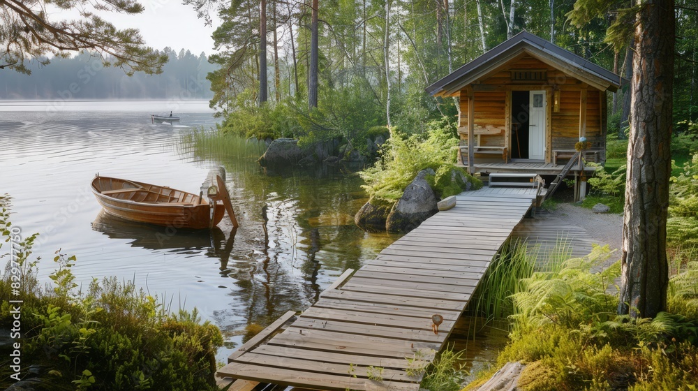 Obraz premium A traditional wooden sauna cottage on a Finnish lake is complemented by a quaint pier and a fishing boat. The summer landscape, with its lush foliage and tranquil waters