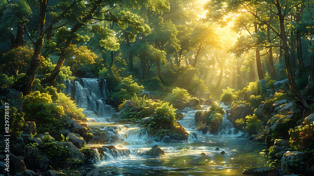 captivating mural depicting tranquil forest glade dappled sunlight filtering through canopy lush foliage babbling brook winding way through scene inviting viewers to pause and reconnect with nature