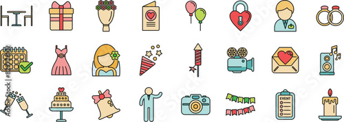 Event planner icons set outline vector. App calendar. Operation time thin line color flat on white