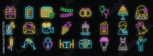 Event planner icons set outline vector. App calendar. Operation time neon color on black