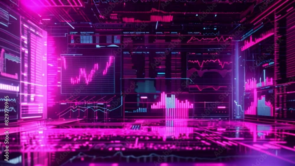 A high-tech digital dashboard showcases live data charts, graphs, and analytics, tracking business metrics and trends in a contemporary workspace.