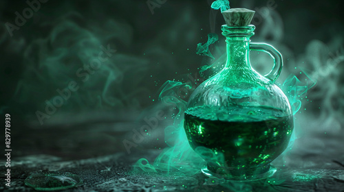 A detailed shot of a glowing green potion in a glass bottle, with mist swirling around. photo