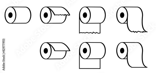 Cartoon WC paper or wc roll. Toilet paper roll. tape, tissue icon. Woman, man restroom, bathroom or kitchen logo. Hygiene, please keep toilet clean. Line rolls pattern