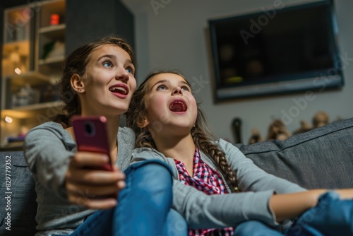 Two young girls are sitting on a couch and watching television. One of the girls is holding a red cell phone © vefimov