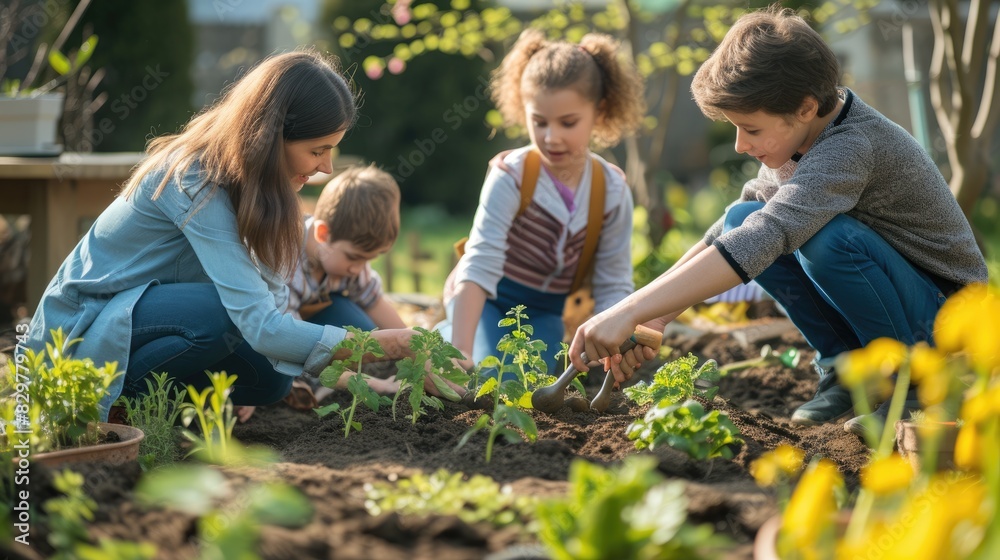 A woman and girls are leisurely planting hair, plants, and houseplants in flowerpots on the grassy garden, sharing the joy of terrestrial plant adaptation. AIG41