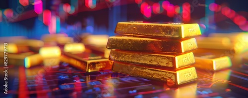 Gold bars stacked on a digital stock market chart background, representing the business concept of gold spot prices. photo