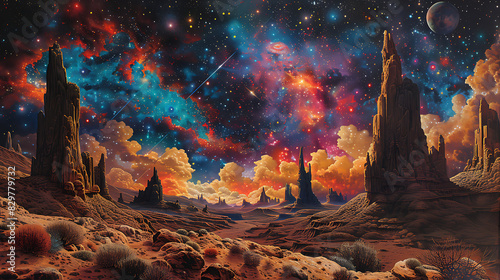 captivating mural featuring otherworldly alien landscape strange rock formation alien flora fauna mysterious sky filled unfamiliar constellation sparking imagination igniting sense of curiosity about  photo