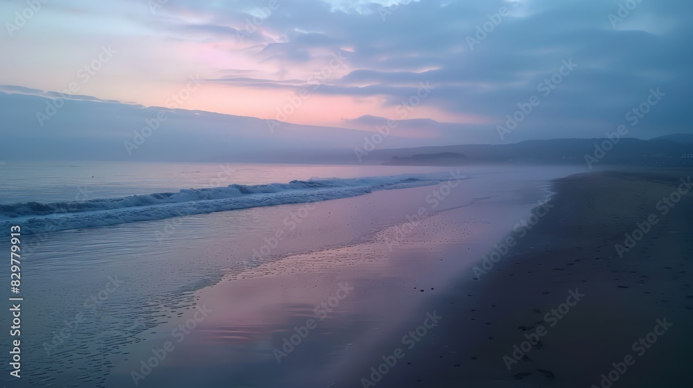 Fototapeta premium As dawn breaks, the beach is bathed in soft light, and the sea sparkles with the first rays of the sun. The calm and quiet morning is perfect for meditation and morning jogs along the shore.