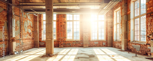 Abandoned industrial building with exposed brick walls. Sunlight streaming through large windows in an empty warehouse.