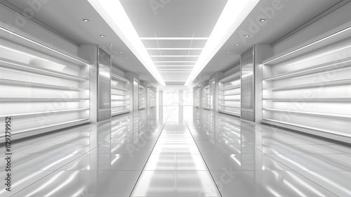 Modern empty hallway with bright white lighting and reflective surfaces. Minimalist architectural design.