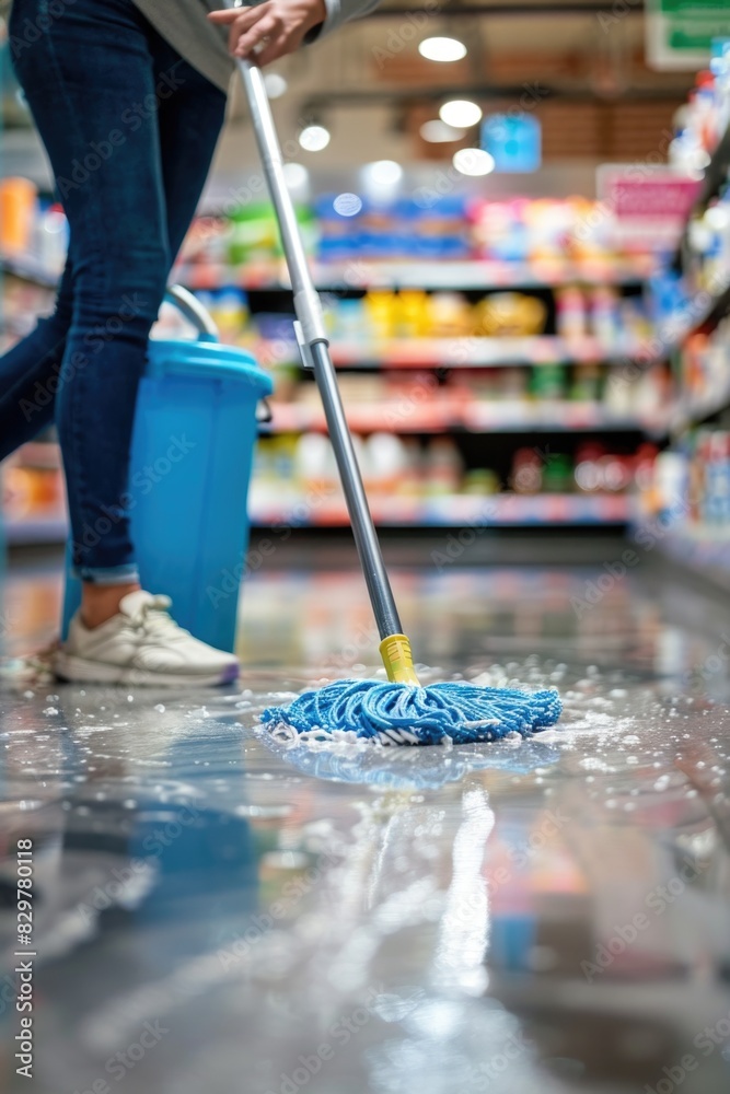 A woman is mopping the floor of a store. The floor is wet and the woman is using a mop to clean it A woman is mopping the floor of a store. The floor is wet and the woman is using a mop to clean it