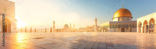 an image of Masjid e Aqsa Dome of the Rock holy places Islamic history sunlight on background
 photo