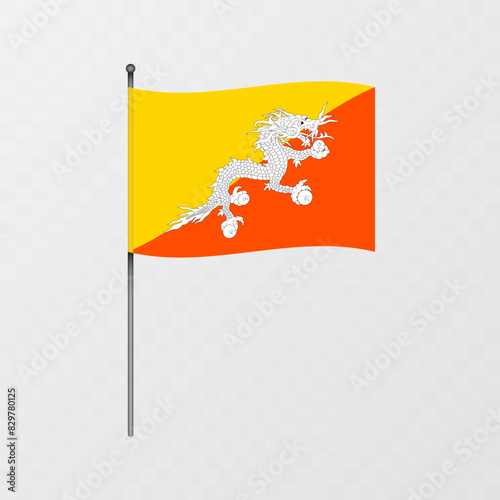 Bhutan national flag on flagpole. Vector illustration.