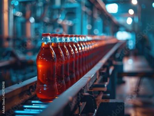 A conveyor belt with many bottles of a beverage on it. The bottles are lined up and are all the same color