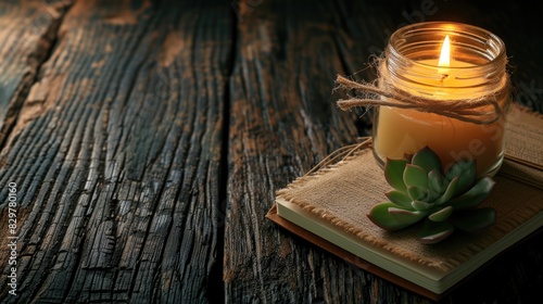 A candle is lit on a wooden table next to a book. The candle is yellow and the table is made of wood