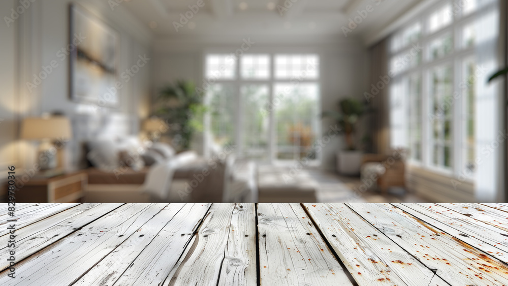 Empty wood table top with blur background of bedroom interior. The table giving copy space for placing advertising product on the table along with beautiful background.