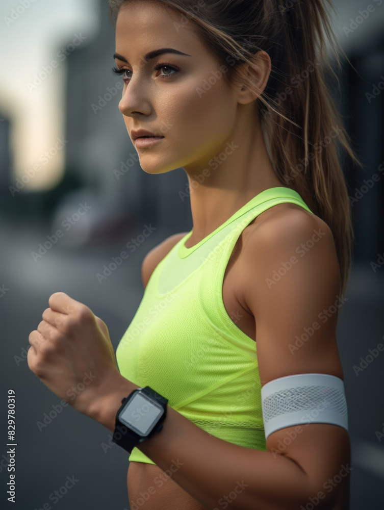 A woman wearing a yellow tank top and a black watch. She is running on the street A woman wearing a yellow tank top and a black watch. She is running on the street
