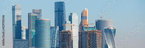 Modern skyscrapers close-up. Beautiful wide panoramic background. Moscow international business center. Moscow city, Russia. photo