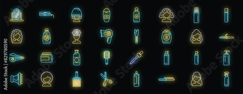 Curly hair care icons set outline vector. Hair dandruff. Shampoo volume neon color on black