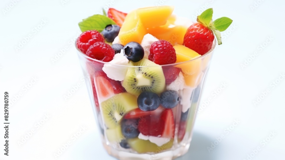A glass bowl filled with a colorful fruit salad. The bowl is filled with a variety of fruits including strawberries, blueberries, kiwi, and mango A glass bowl filled with a colorful fruit salad. The bowl is filled with a variety of fruits including strawberries, blueberries, kiwi, and mango