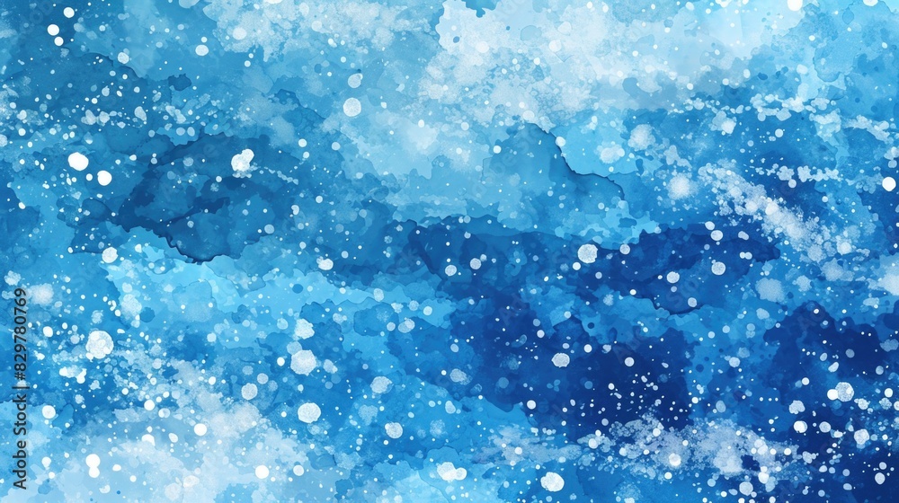 A blue and white watercolor painting with snowflakes. The painting has a serene and peaceful mood, with the blue and white colors blending together to create a calming atmosphere A blue and white watercolor painting with snowflakes. The painting has a serene and peaceful mood, with the blue and white colors blending together to create a calming atmosphere