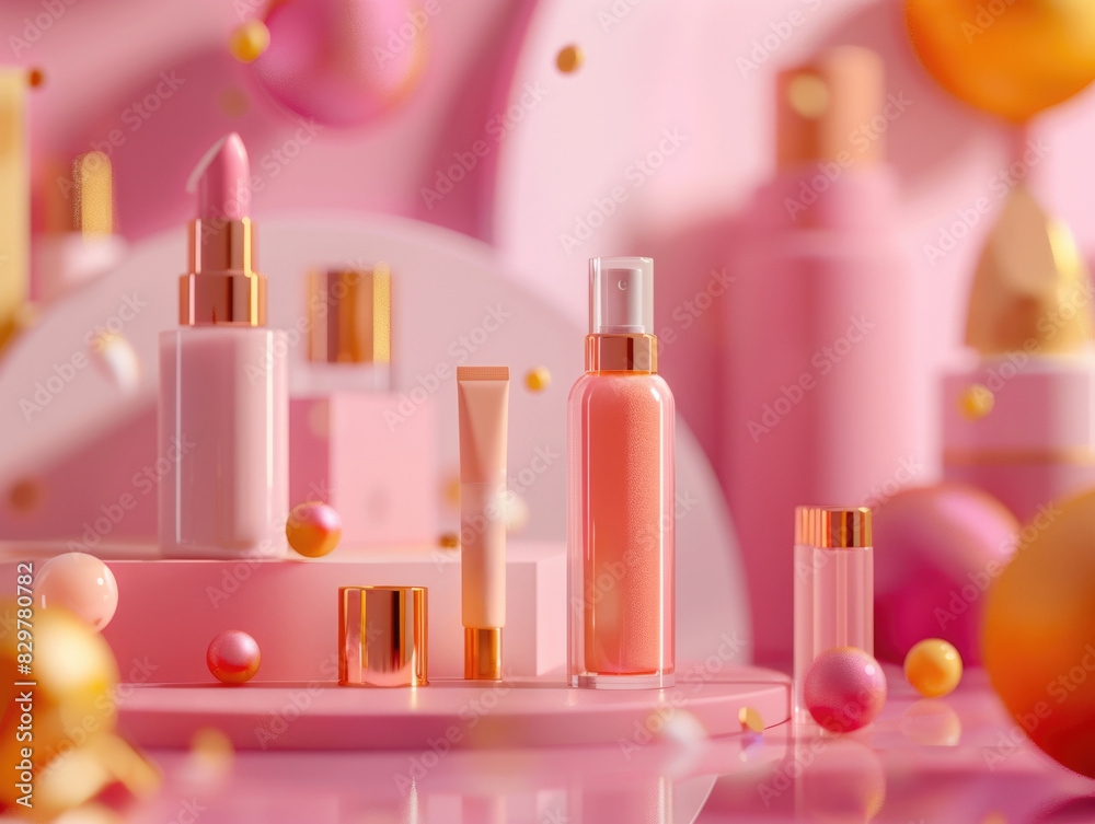 A display of cosmetics with a pink background. The cosmetics include a bottle of lotion, a bottle of perfume, and a tube of lip balm A display of cosmetics with a pink background. The cosmetics include a bottle of lotion, a bottle of perfume, and a tube of lip balm